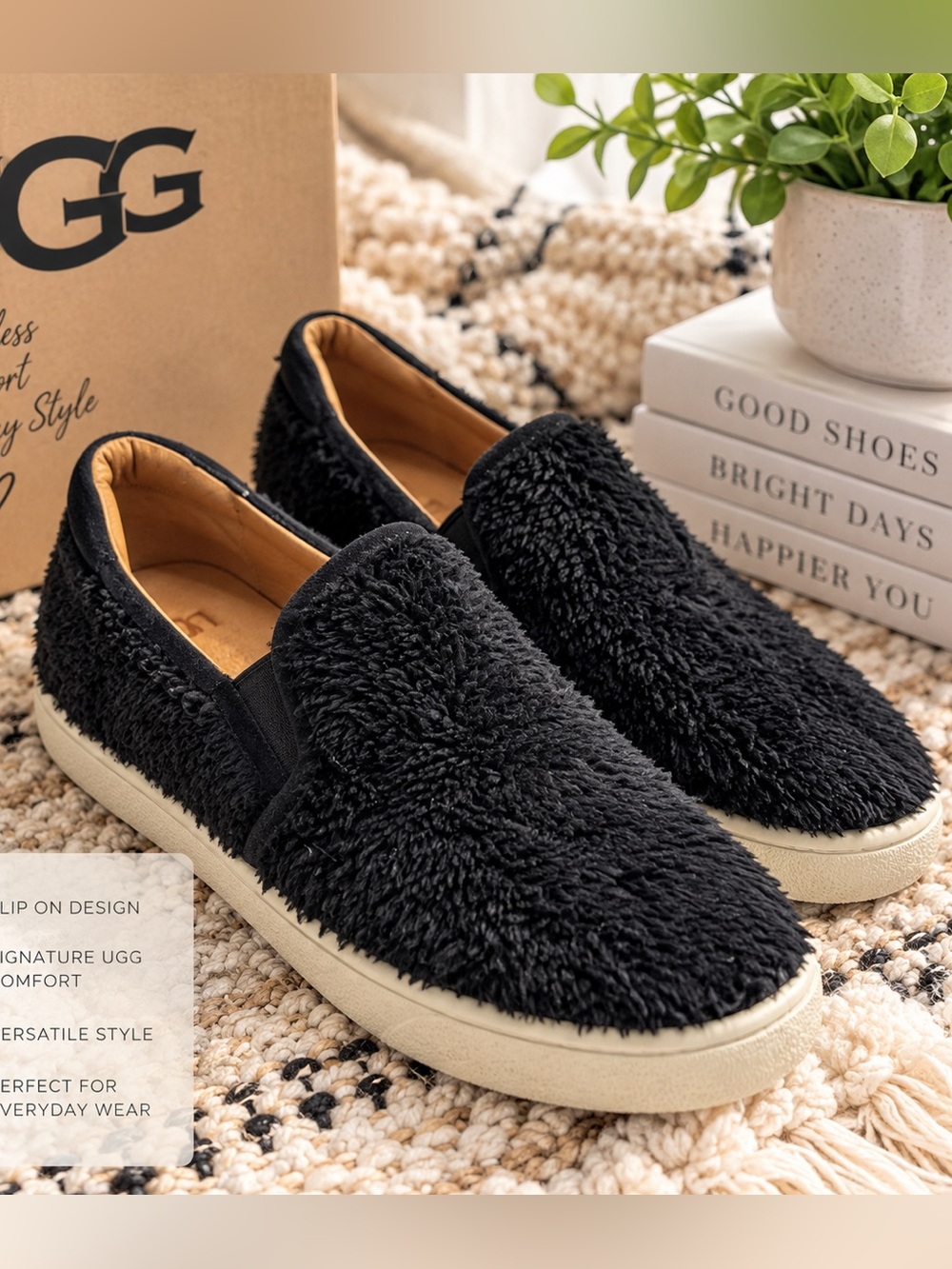 UGG Ricci Black Fuzzy Slip On Sneakers Women’s 8.5 1019659
